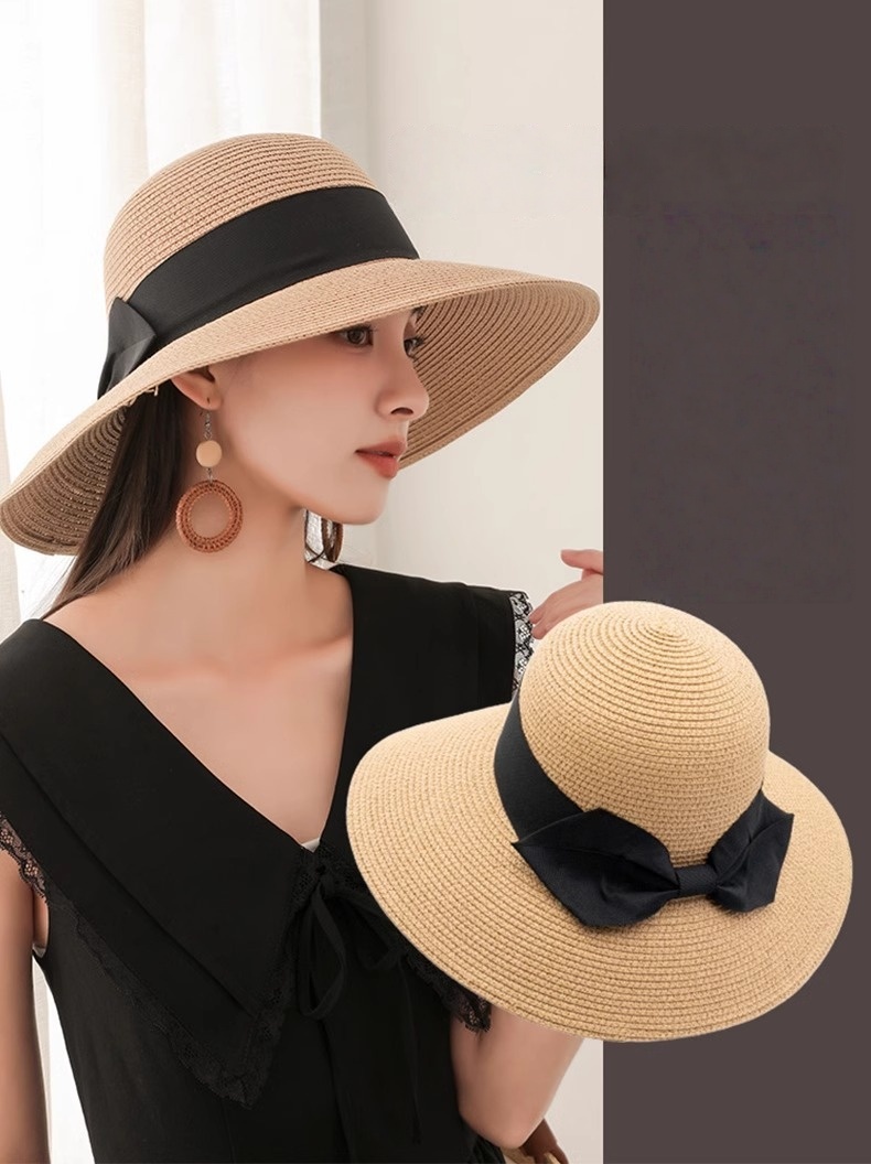 2025New Straw Sun Hat Wide Brim Beach Hat with Black Bow